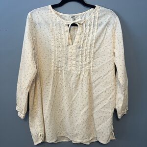 LL Bean Cream Floral Peasant Pleated Bib Tie Collar Blouse Long sleeve Cotton L